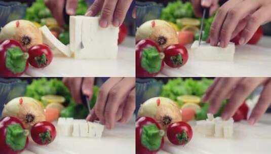 在桌子上切奶酪和蔬菜的人高清在线视频素材下载