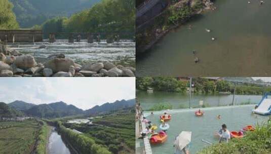 4k贵州野溪游泳戏水河边玩水航拍河流打水仗高清在线视频素材下载