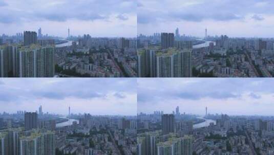 云雾天气航拍广州城市建筑群与珠江风光高清在线视频素材下载