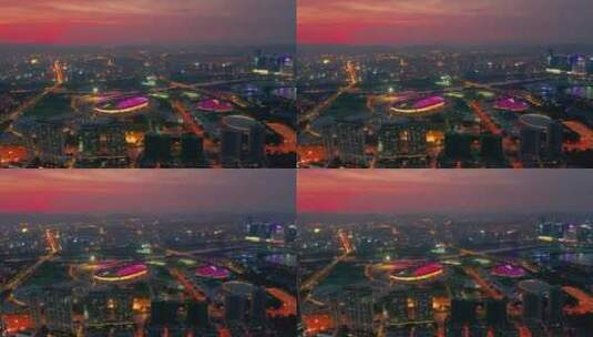 义乌江东城市晚霞夜景风光4K航拍高清在线视频素材下载
