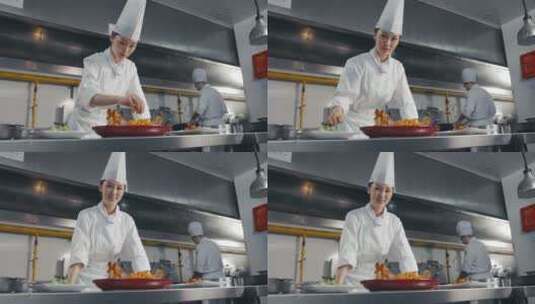后厨内的专业厨师烹饪美味佳肴高清在线视频素材下载