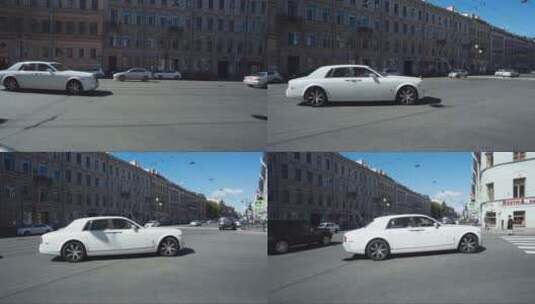 在城市街道上行驶的白色豪华车高清在线视频素材下载