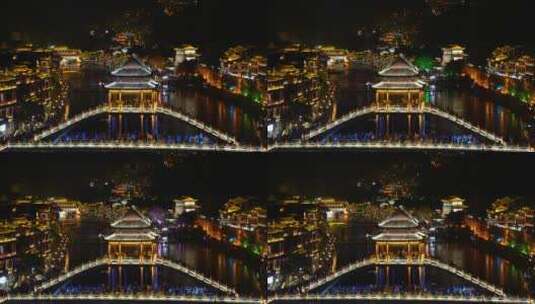 湖南湘西凤凰古城沱江历史古建筑廊桥夜景高清在线视频素材下载
