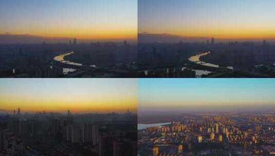 航拍夕阳下的城市全景高清在线视频素材下载