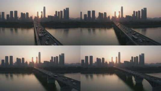 长沙橘子洲大桥国金cbd清晨唯美日出逆光高清在线视频素材下载
