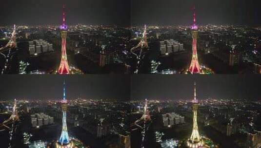 河南郑州中原福塔地标建筑夜景航拍高清在线视频素材下载