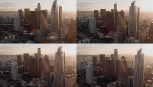 城市航拍日出阳光照射摩天大楼加州洛杉矶高清在线视频素材下载