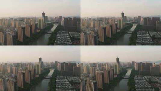杭州拱墅区武林门大运河西湖广场晨曦航拍高清在线视频素材下载