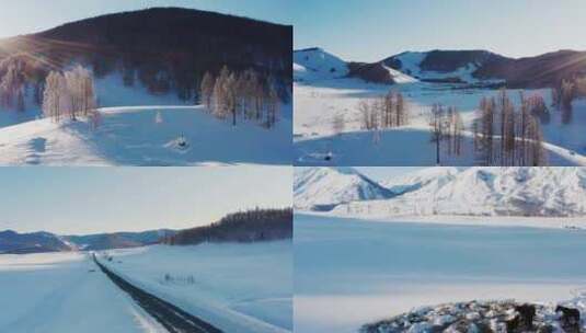 4K冬季新疆雪景公路航拍合集高清在线视频素材下载