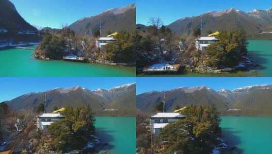 航拍西藏林芝巴松措景区雪山森林湖泊风光高清在线视频素材下载