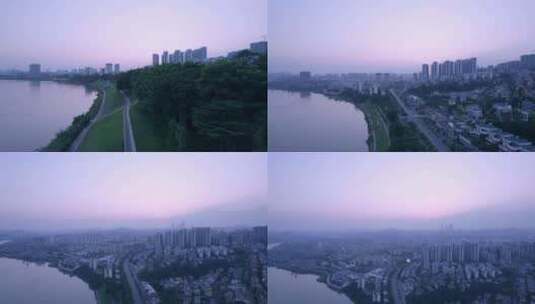 南宁仙葫城市夕阳落日与邕江自然风光航拍高清在线视频素材下载