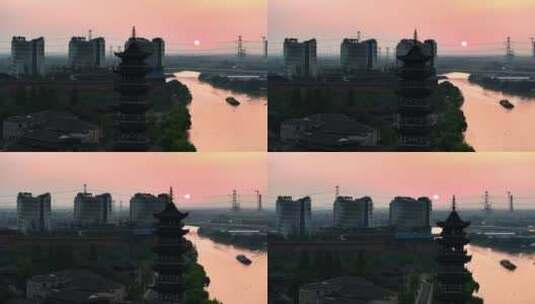 航拍京杭大运河的落日风光高清在线视频素材下载