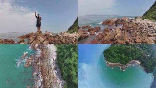 站在礁石上的男人航拍高清在线视频素材下载