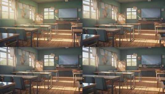 阳光照射进温暖温馨的学校教师桌椅上高清在线视频素材下载