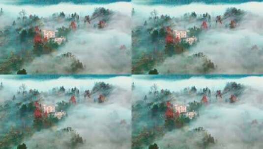 航拍秋天清晨山村的云雾缭绕高清在线视频素材下载
