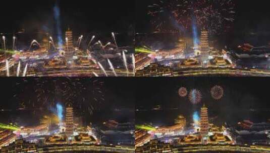 中国风古镇大型音乐喷泉水幕秀高清在线视频素材下载