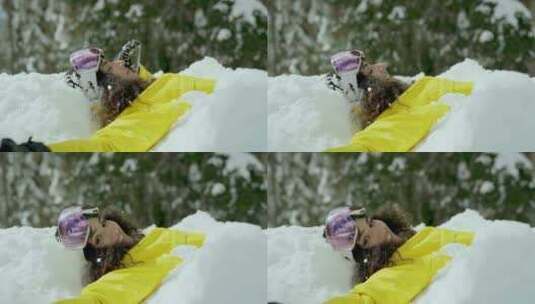 特写躺在雪地里的女生高清在线视频素材下载