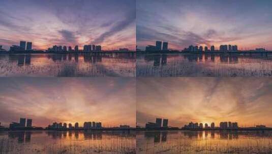 扬州明月湖日出大范围延时摄影高清在线视频素材下载