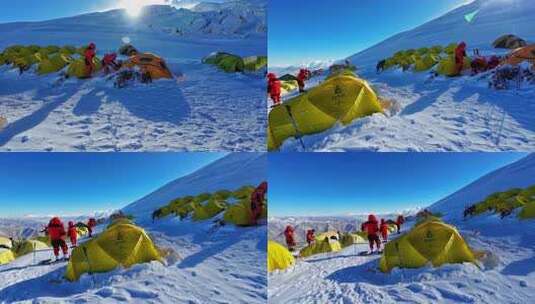 攀登新疆慕士塔格峰雪山登山者的C1营地高清在线视频素材下载