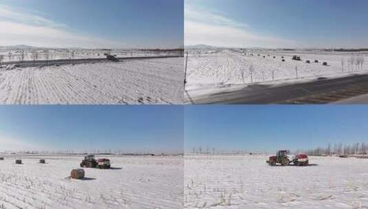 雪地里的打捆机航拍高清在线视频素材下载