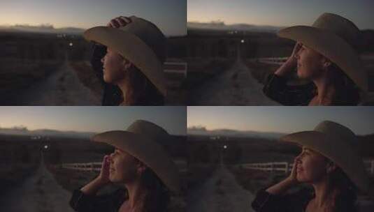 戴草帽女子黄昏时眺望远方高清在线视频素材下载