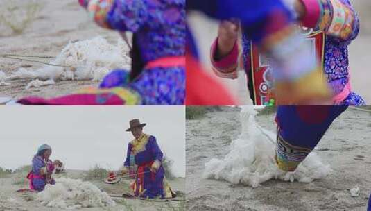 裕固族夫妇沙漠上打羊毛 缠线民族文化高清在线视频素材下载