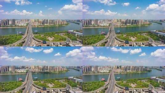 蓝天白云延时摄影湘江大桥航拍视角高清在线视频素材下载