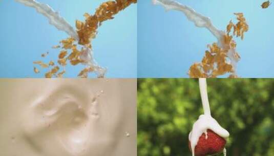 牛奶和食物的冲击搅拌慢动作展示美食高清在线视频素材下载