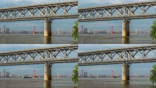 武汉长江大桥鹦鹉洲大桥长江江面轮船延时高清在线视频素材下载