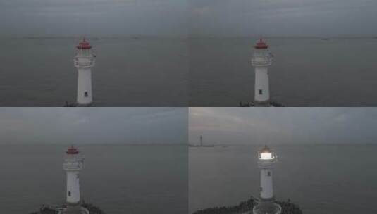 上海吴淞口夜景灯塔照亮引导货船4K航拍高清在线视频素材下载