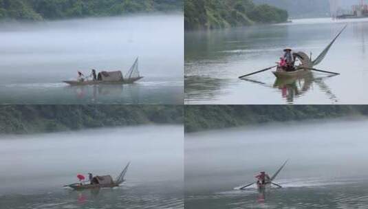 新安江渔舟晨雾渔家母子划船 合集高清在线视频素材下载