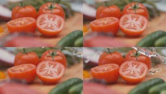 水泼在西红柿上的特写镜头高清在线视频素材下载