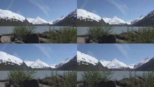 阿拉斯加波蒂奇湖岸的雪山特写镜头高清在线视频素材下载