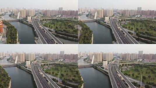 航拍天津新红路高架桥车流高清在线视频素材下载