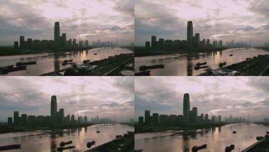 优美镜面反射江面一镜到底城市日落镜头高清在线视频素材下载