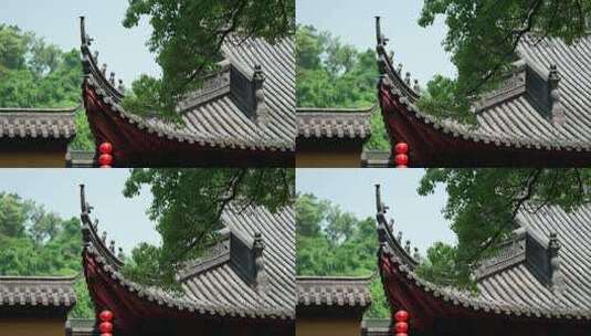 杭州下天竺 晴天寺庙飞檐前的树叶随风飘动高清在线视频素材下载