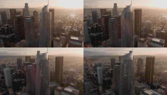 城市航拍日出阳光照射摩天大楼洛杉矶清晨高清在线视频素材下载