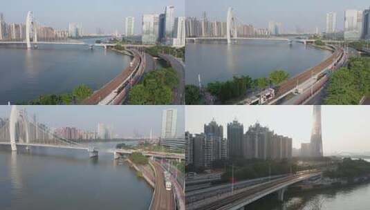 广州珠江猎德桥有轨电车 航拍高清在线视频素材下载