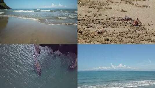 夏季海边海浪沙蟹螃蟹渔船海岸沙滩度假旅行高清在线视频素材下载