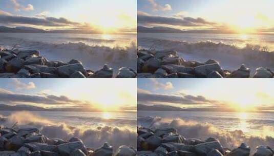 清晨、黄昏日落、海浪拍打礁石高清在线视频素材下载