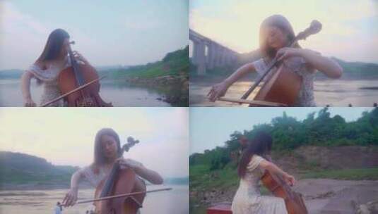 美女江边拉小提琴高清在线视频素材下载
