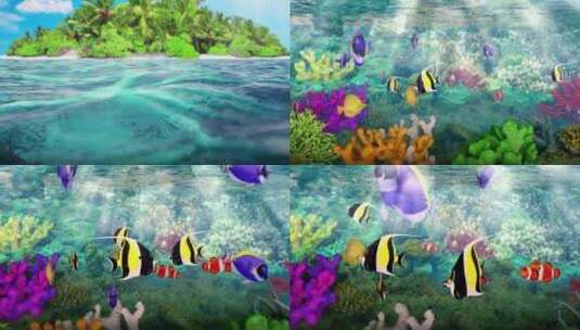 海面到海底卡通动漫海底世界珊瑚海草小丑鱼高清在线视频素材下载