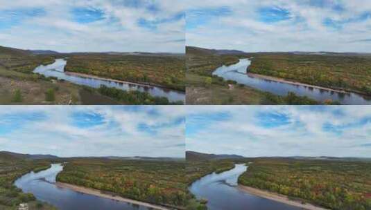 航拍内蒙古呼伦贝尔莫日格勒河河畔秋季风光高清在线视频素材下载
