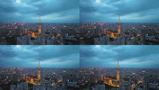 中国黑龙江哈尔滨龙塔城市夜景风光航拍高清在线视频素材下载