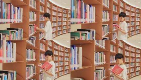 中国小男孩在图书馆搜寻书籍高清在线视频素材下载