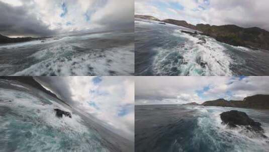 FPV航拍海岸海浪海水大海海边浪花拍打岩石高清在线视频素材下载