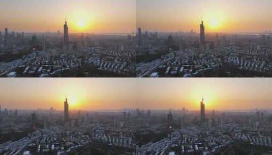南京城市雪景紫峰大厦黄昏日落航拍高清在线视频素材下载