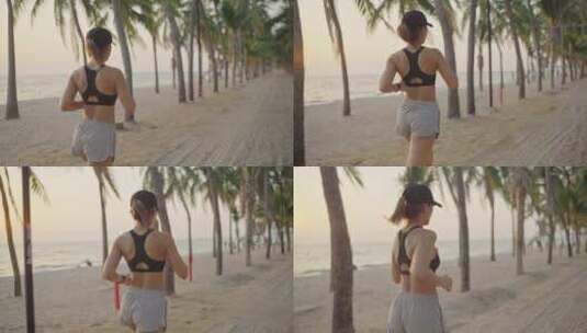 运动女孩在海边跑步的镜头特写高清在线视频素材下载