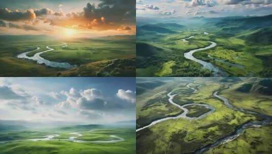 草原河流美丽中国自然风光草地延时高清在线视频素材下载