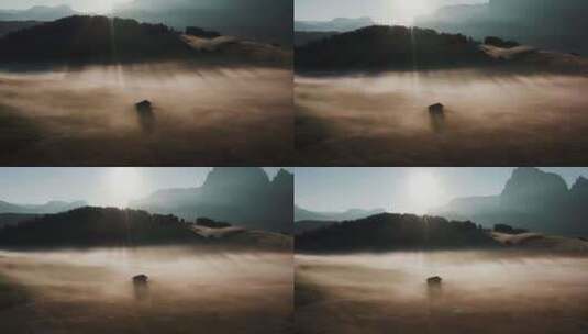 绝美瞬间山下晨雾朦胧仙境航拍高清在线视频素材下载